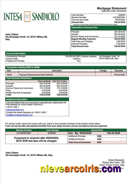 Italy Intesa Sanpaolo mortgage statement Word and PDF template